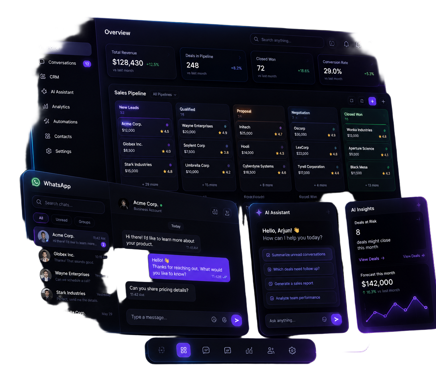 Dashboard VendaFlow mostrando WhatsApp, CRM e IA
